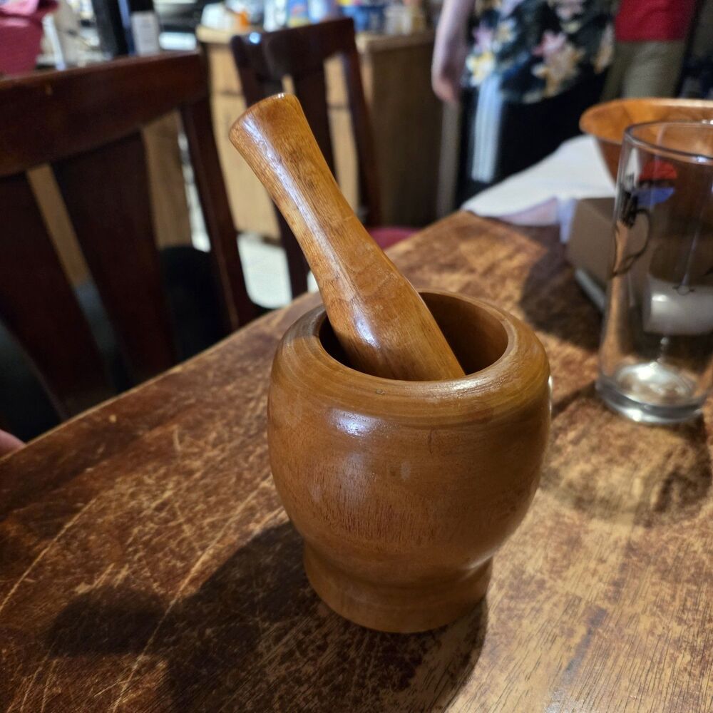 Vintage Wood Mortar and Pestle Wooden Kitchen Apothecary Spice Grinder